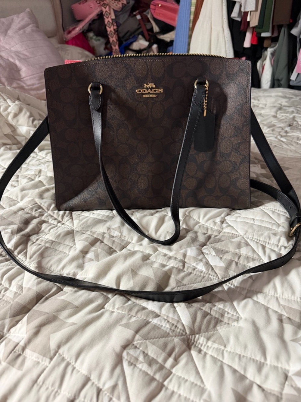 Coach Brown Signature Tote with Black Leather Straps